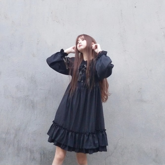 [CÓ SẴN DÀI TAY. Kèm ảnh thật] Váy babydoll cổ bèo thắt nơ phối ren tay bồng Lolita | BigBuy360 - bigbuy360.vn