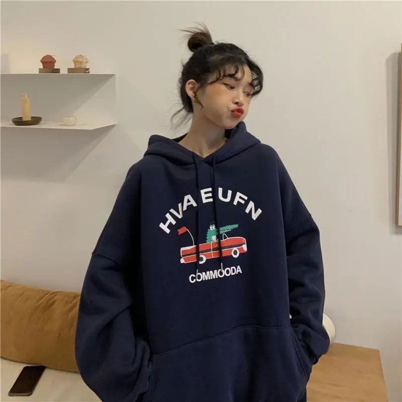 Áo Hoodie Tay Dài Dáng Rộng In Họa Tiết Đơn Giản Thời Trang Phong Cách Hàn Quốc Cho Nữ