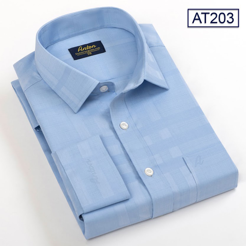 [HÀNG VIỆT NAM] Áo sơ mi nam thương hiệu Anton dài tay vải sợi tre màu xanh dương họa tiết caro chìm – AT203