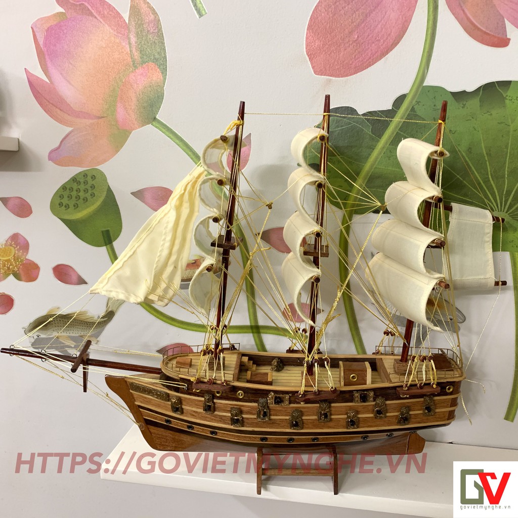 [Quà tặng] Mô hình tàu thuyền gỗ trang trí - thuyền gỗ chiến Napoleon Pháp - Chiều dài thân tàu 40cm - Buồm vải trắng