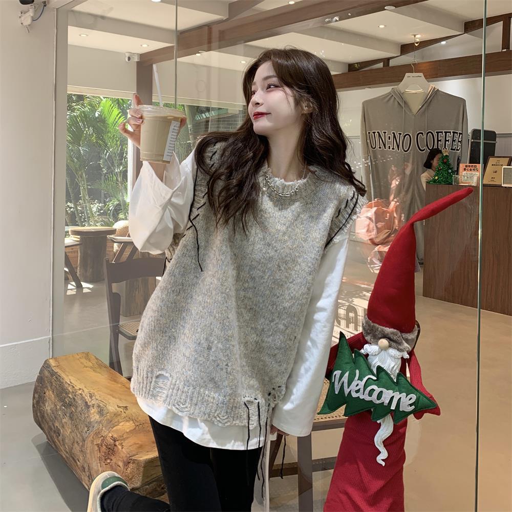 Bộ Áo Dệt Kim Sát Nách + Áo Sơ Mi Cổ Tròn Dáng Rộng Xinh Xắn Cho Nữ