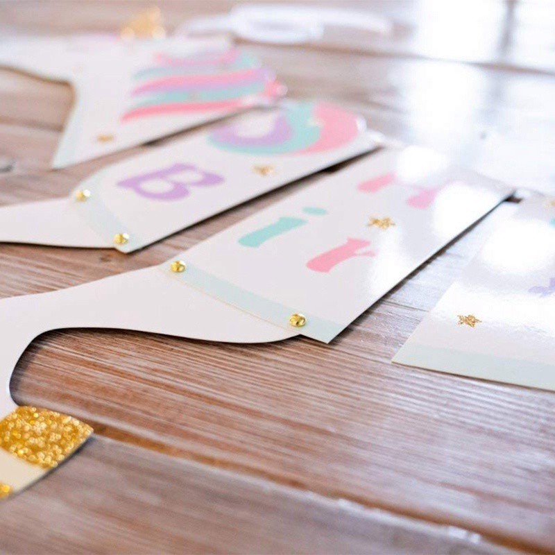 1 bộ banner trang trí tiệc sinh nhật hình kỳ lân và chữ Happy Birthday