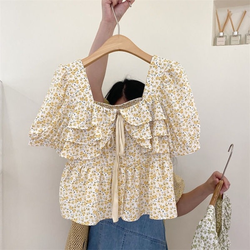 Áo Voan Tay Ngắn Cổ Vuông In Họa Tiết Hoa Nhí Xinh Xắn Thời Trang Hè Cho Nữ
