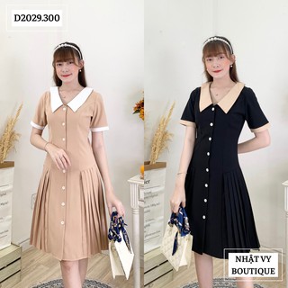 Đầm suông cổ nhọn dập ly phối cúc thật - D2029