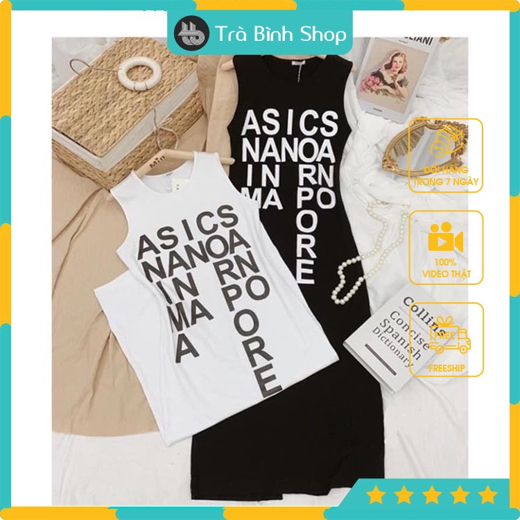 Đầm cotton sát nách Váy ba lỗ dáng dài in chữ dọc thoáng mát hàng VNXK