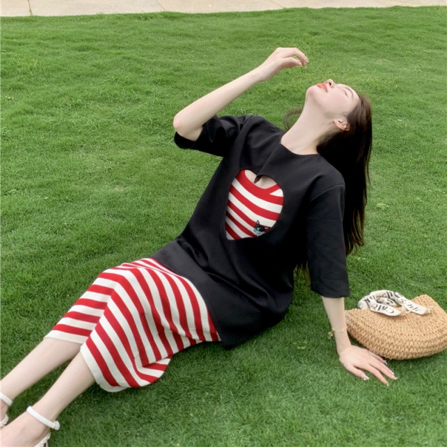 Đầm Thun Ngắn Tay Xẻ Tà Kẻ Sọc Đỏ Gợi Cảm Thời Trang Mùa Hè Cho Nữ