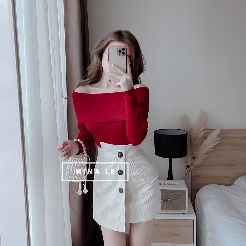 Set áo trễ vai vai len tăm mix chân váy vạt lệch chữ a đồ bộ nữ đi chơi | BigBuy360 - bigbuy360.vn