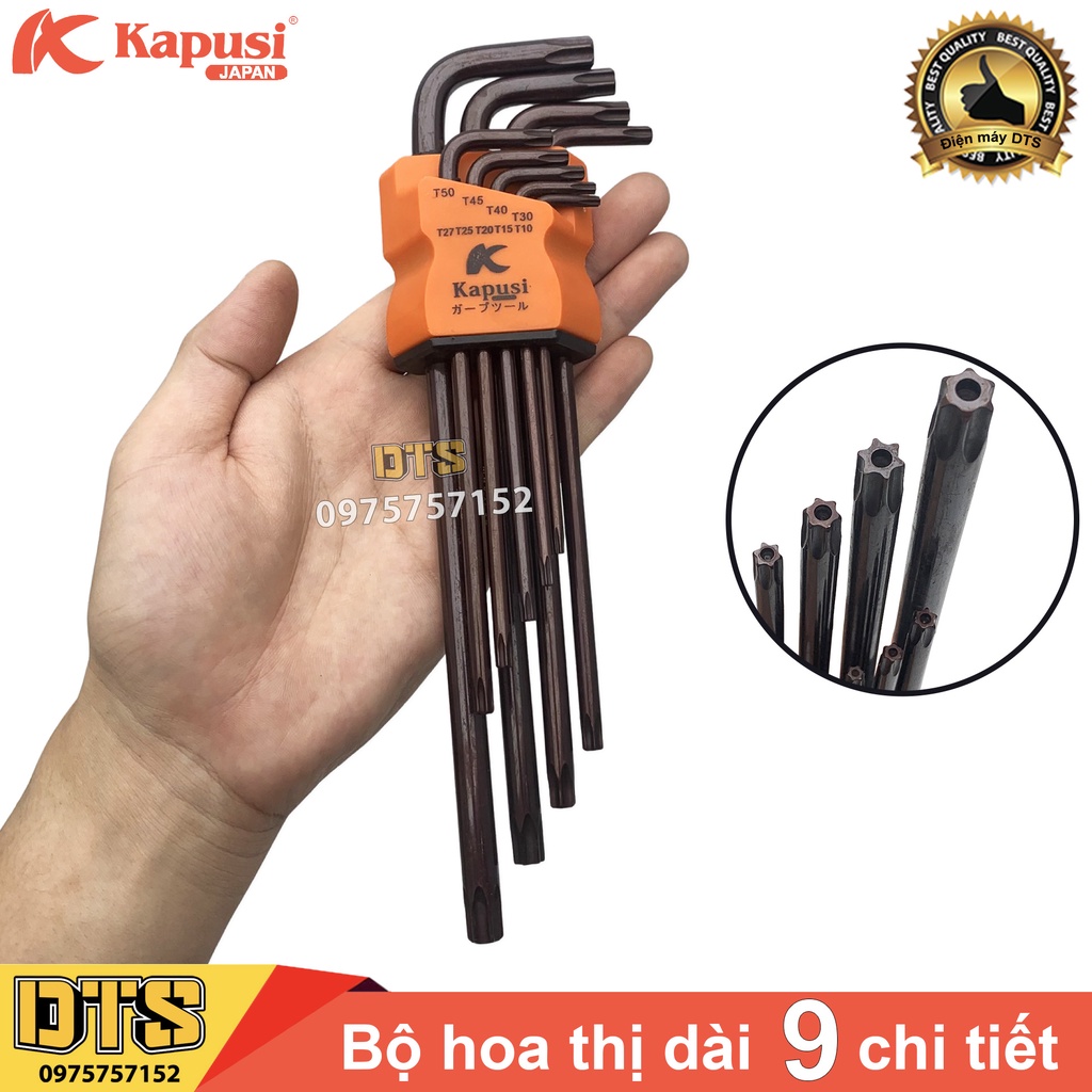 Bộ lục giác hoa thị có lỗ thép nâu S2 dài Nhật Kapusi JAPAN 9 chi tiết T10-T50 tay chữ L tối ưu, bộ lục giác bông mai