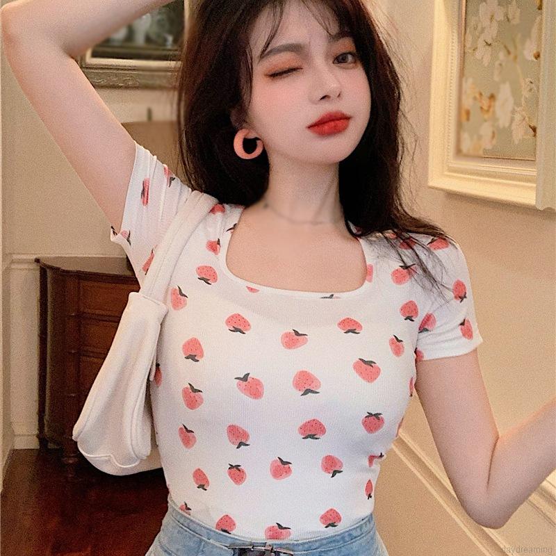 Áo Thun Tay Ngắn Cổ Vuông Hở Eo Quyến Rũ Cho Nữ