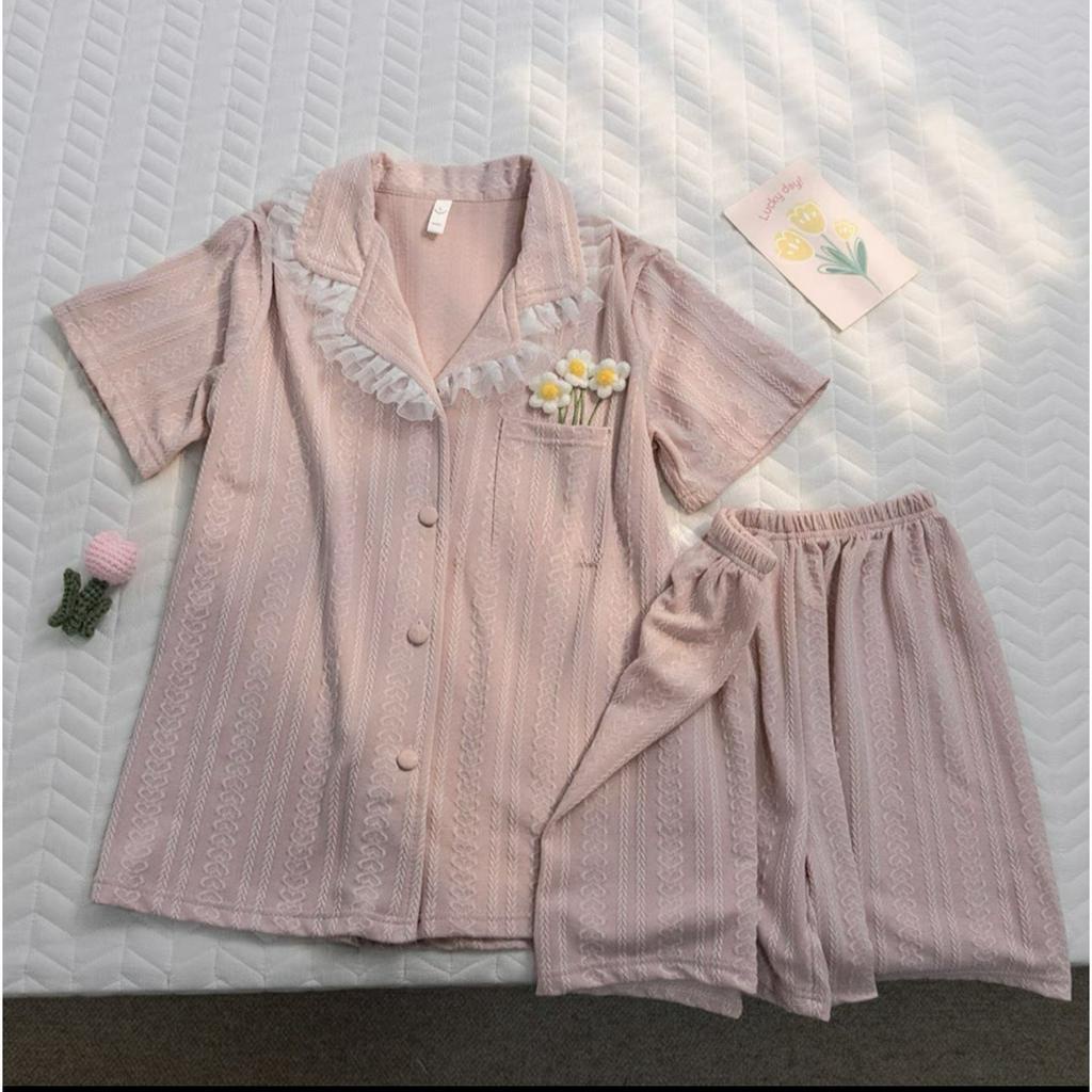 BỘ ĐỒ NGỦ MẶC NHÀ CỘC TAY TÚI BÔNG HOA VIỀN REN HOT 2023