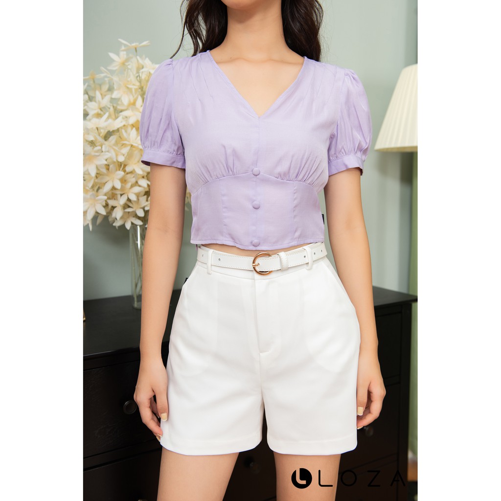 [Mã FASHIONMALLT4 giảm 15% đơn 150k] Áo kiểu LOZA dáng croptop cổ tim màu tím - LS1448