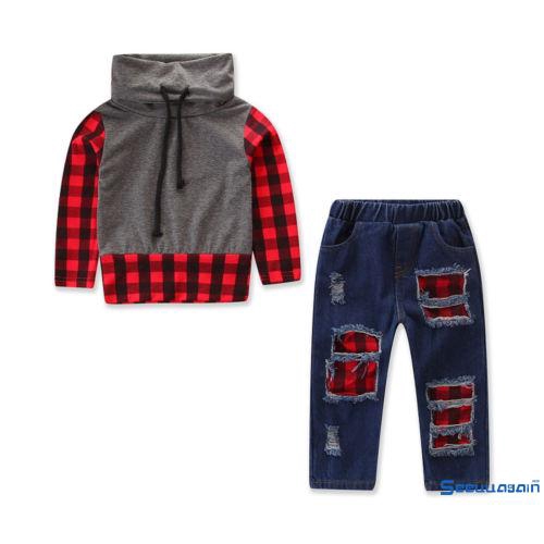 Set Áo Sơ Mi Ca Rô Dài Tay Cổ Bẻ+Quần Jeans Dài Cho Bé Trai