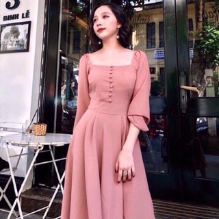 Đầm tay dài cổ vuông (2 màu )