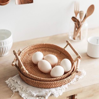 Khay mây tay cầm gỗ (Mua 1 khay tặng 3 giấy nến lót khay decor)