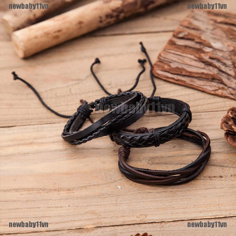 Set 6 Vòng Tay Da Bện Nhiều Lớp Phong Cách Vintage Cho Nam