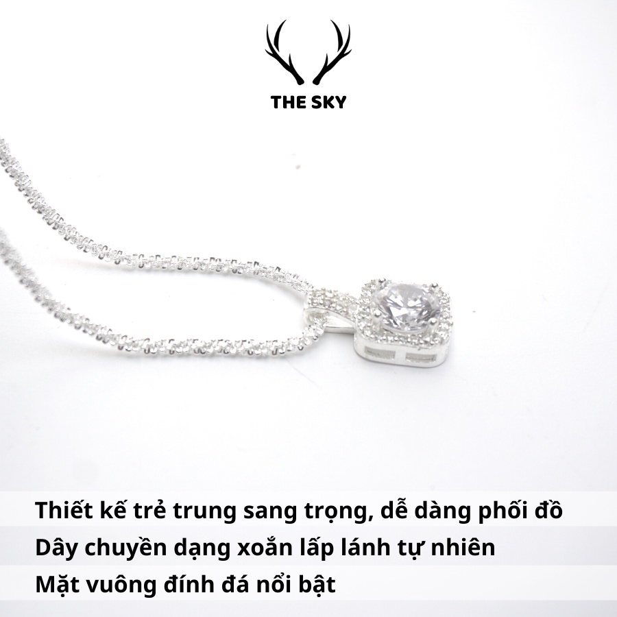 Dây chuyền bạc DC1012 thiết kế dạng xoắn lấp lánh tự nhiên kèm mặt vuông đính đá nổi bật, vòng cổ nữ THE SKY hot trend