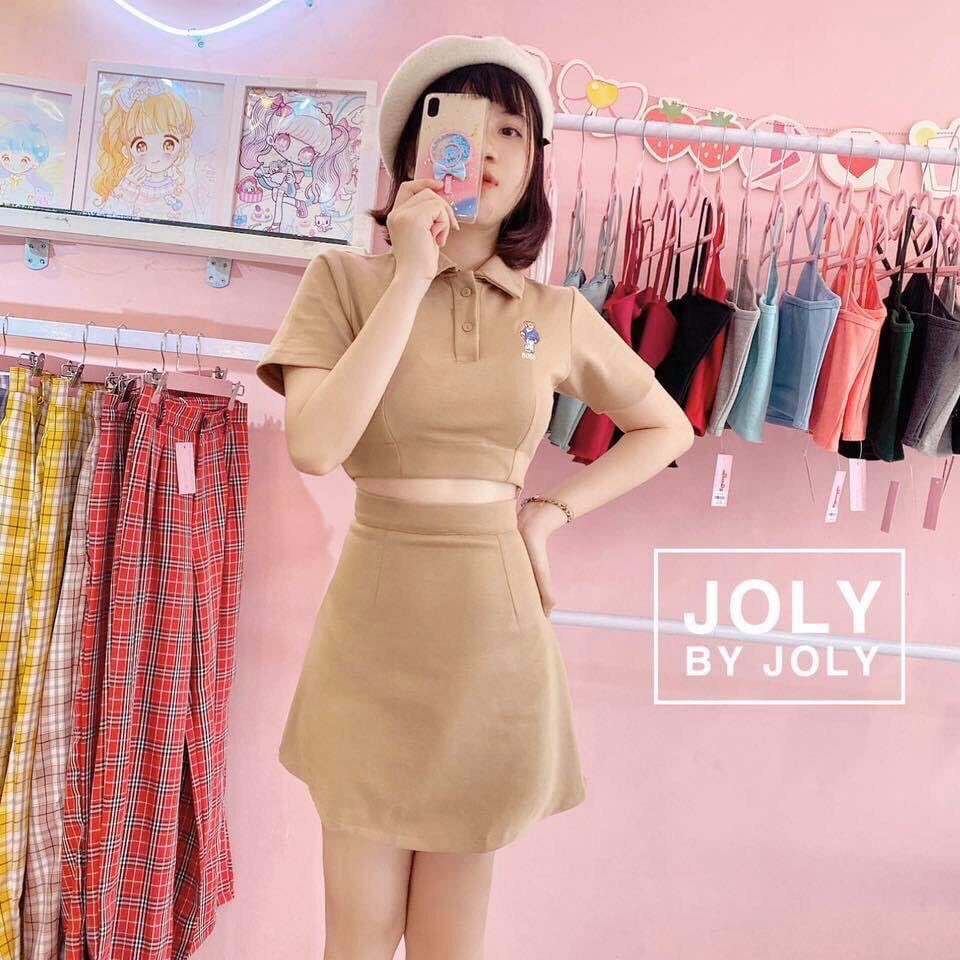 [SET Siêu Sang] Áo thun nữ cổ bẻ phối chân váy trơn dễ thương, sang chảnh