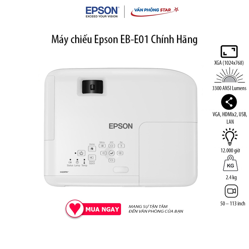Máy chiếu Epson EB-E01 Độ phân giải XGA (1024×768) Cường độ sáng 3300 Lumens, Tuổi thọ bóng 12.000 giờ Vanphongstar