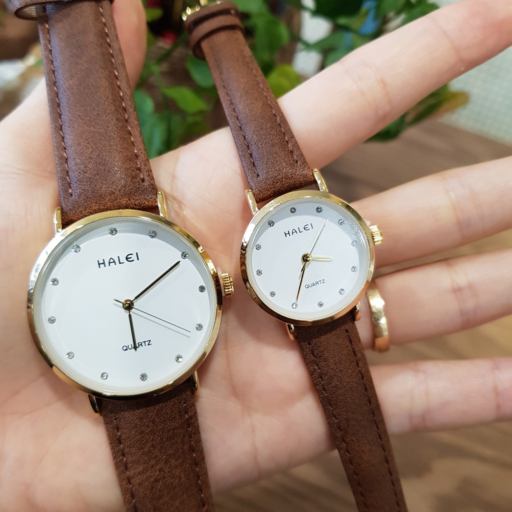 Đồng hồ cặp đôi nam nữ Halei mặt đá dây da đen chính hãng Tony Watch 68 | BigBuy360 - bigbuy360.vn