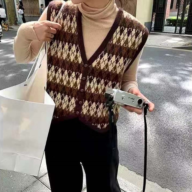 Áo len không tay cổ chữ v form rộng phong cách retro Hàn quốc