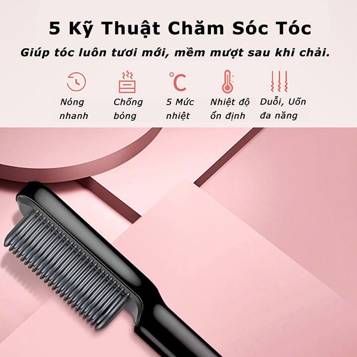 Lược điện chải tóc tạo kiểu đa năng giúp chải thẳng tóc, uốn tóc, duỗi tóc với 5 mức nhiệt, bảo vệ tóc chống xơ rối