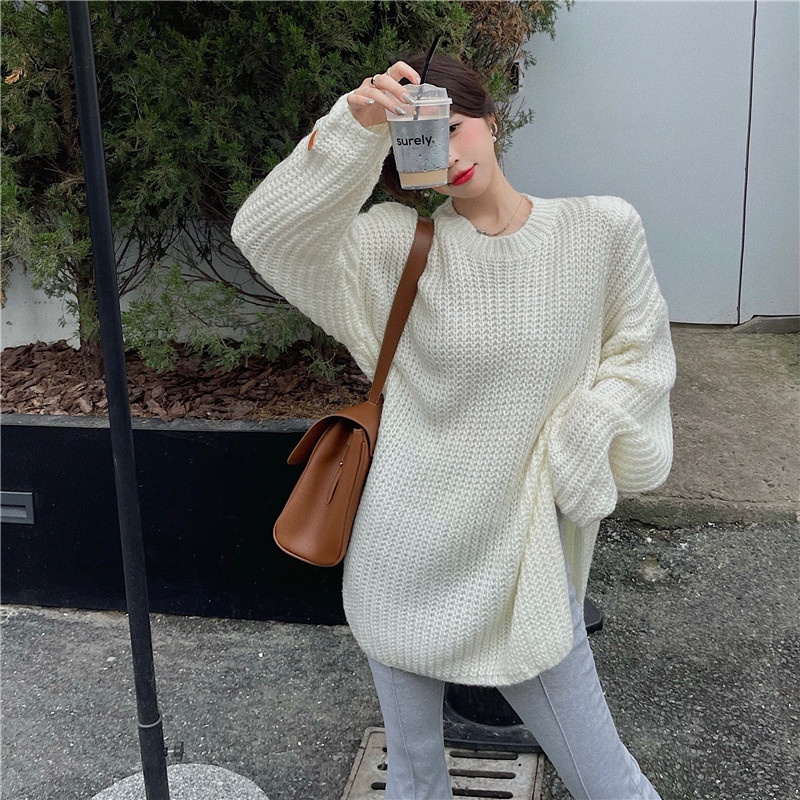 Korean languid lazy wind loose sweater + high waist flared pants