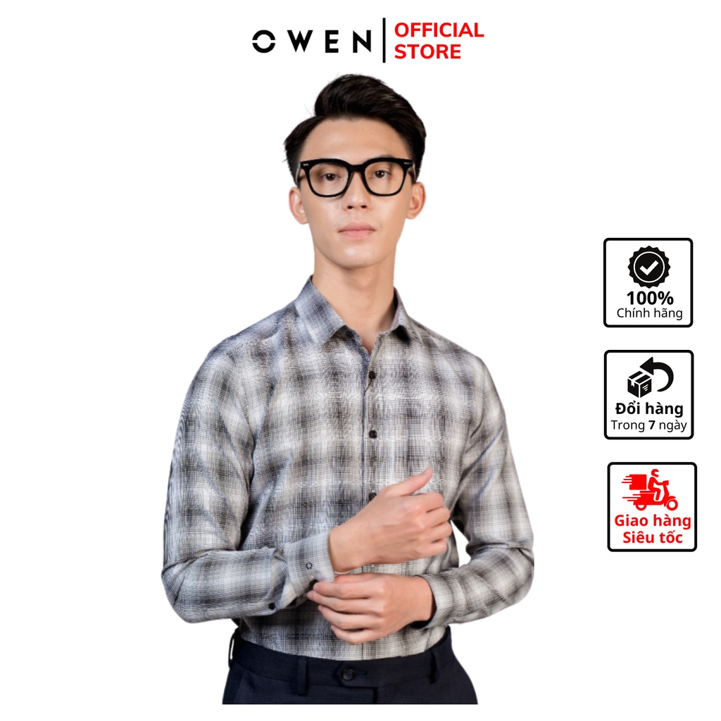 Áo Sơ Mi Nam Dài Tay Owen AS23354D Caro Sọc Loang Trắng Dáng Slim Fit Không Túi Chất Liệu Café