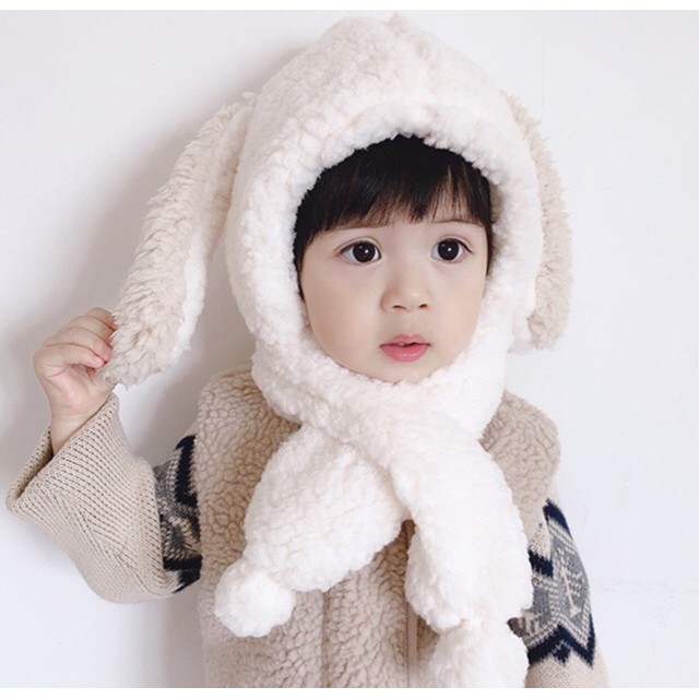 Mũ lông tai thỏ kèm khăn cổ ấm áp dành cho bé mã 50