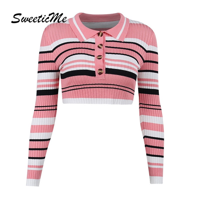 Áo Sweater Cổ Polo Kẻ Sọc Phối Màu Hàng Mới Ngọt Ngào Thời Trang Cho Nữ 2022