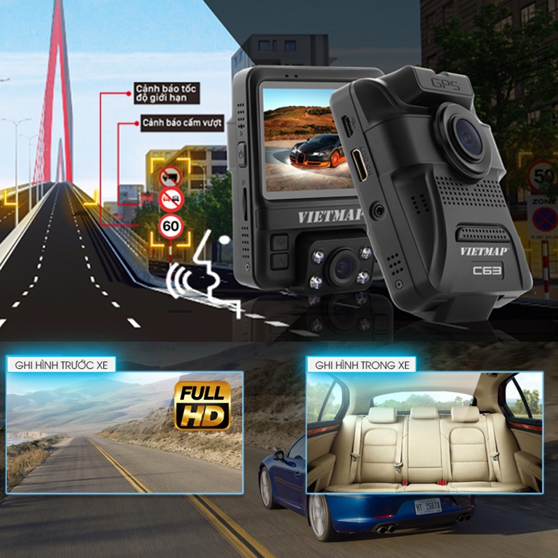 VIETMAP C63 - Camera Hành Trình Ghi Hình Trước & Trong Xe - Cảnh Báo Thông Tin Giao Thông - Tặng Thẻ Nhớ 32GB | BigBuy360 - bigbuy360.vn