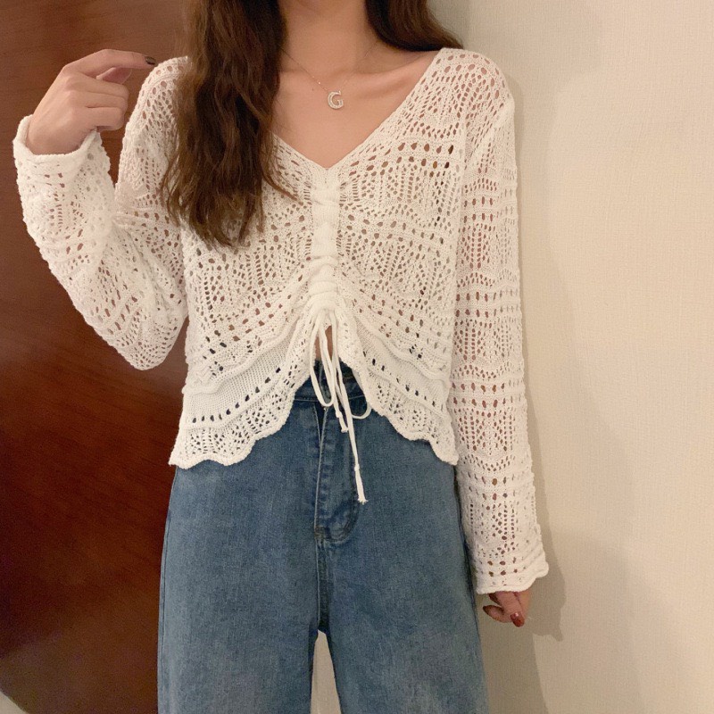 [ÁO KIỂU NỮ] Áo Len Nữ Rút Ngực, Croptop Nữ Chất Len Lưới Mix Áo Dây, Quần Siêu Xinh | BigBuy360 - bigbuy360.vn