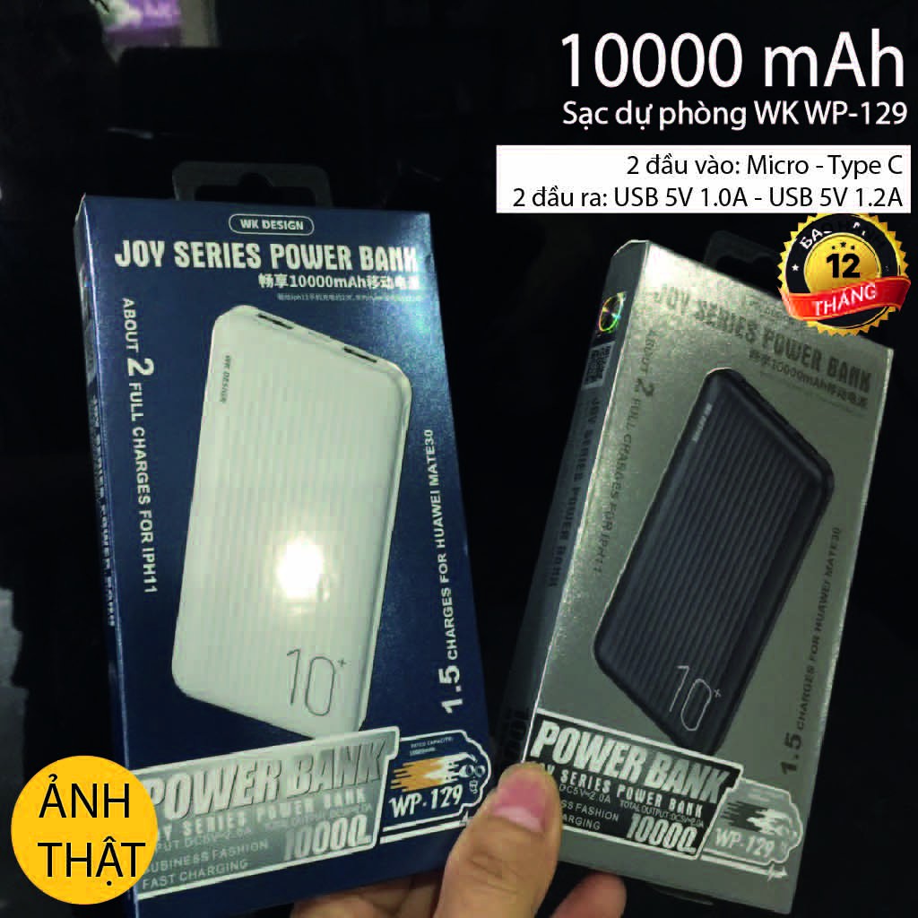 Sạc Dự Phòng ⚡ FREESHIP ⚡ Pin Sạc Dự Phòng WK WP-129 ⚡ 10000 mAh 2 Cổng USB ⚡ Tuấn Phụ Kiện