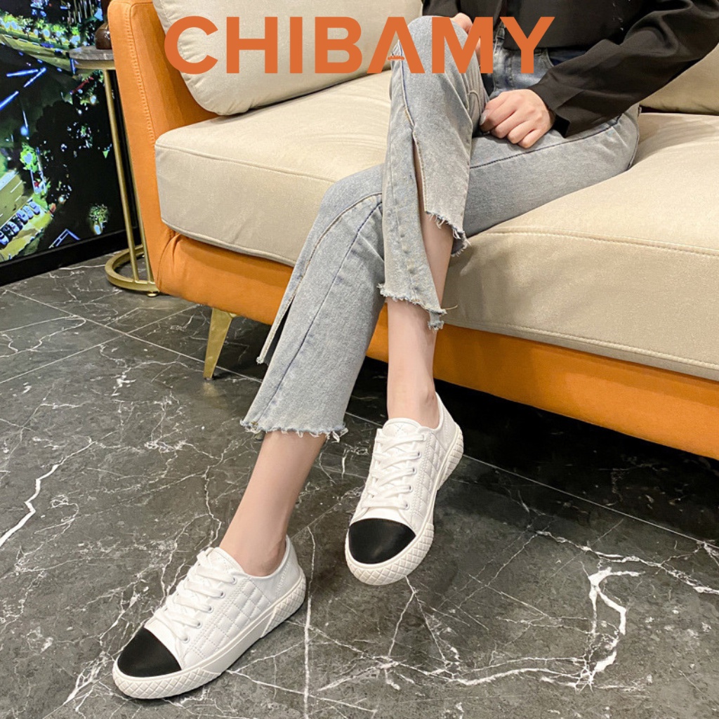 Giày thể thao nam nữ Chnel trắng da mềm, mũi đen cao cấp CHIBAMY, giày sneaker dáng basic đế dẻo cao 3cm