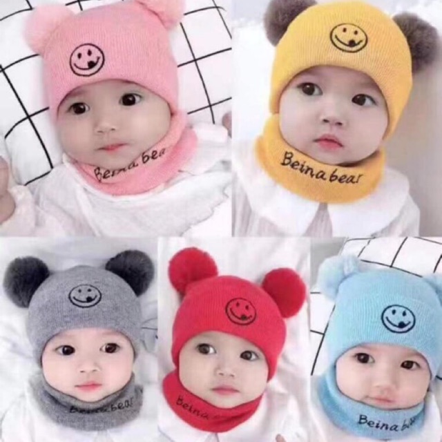 Sỉ set khăn mũ hai quả bông dễ thuơng cho bé