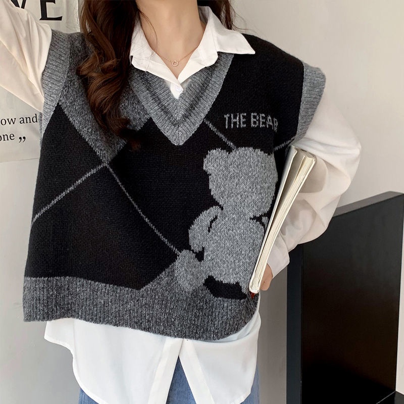 Áo khoác len không tay in hình gấu thời trang Hàn Quốc