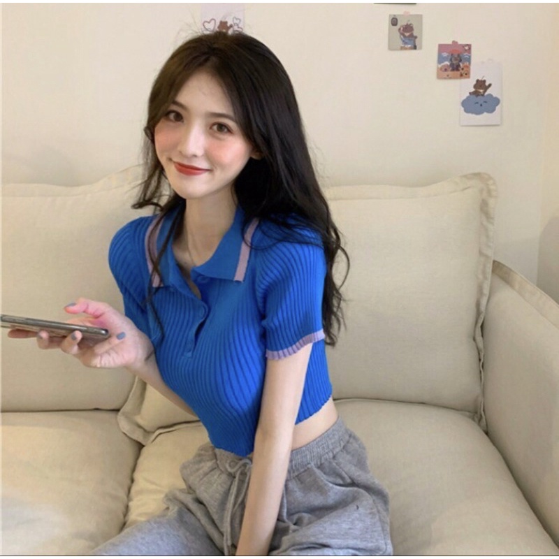 Áo polo croptop cổ bẻ phối mà  kiểu dáng trẻ trung năng động freesize