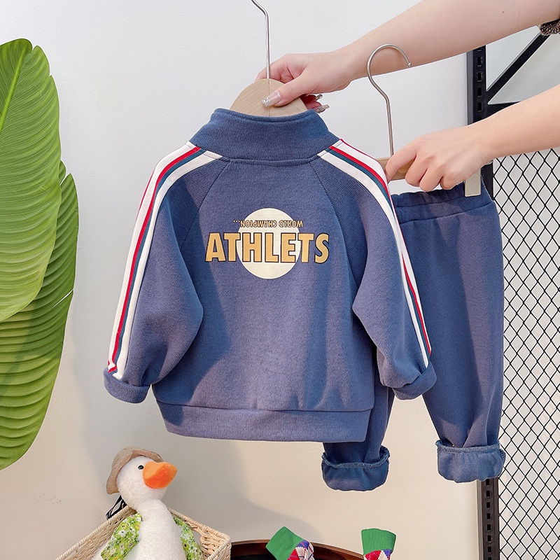 Bộ Áo Khoác Tay Dài Có Khóa Kéo In Chữ + Quần Dài Thể Thao Phong Cách Hàn Quốc Kiểu Mới Cho Bé Trai Gái 80-120cm