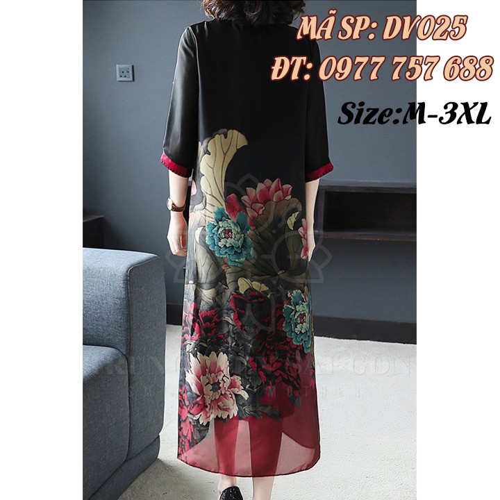 [ Cao cấp ] Đầm suông trung niên U50 hoa mẫu đơn sang trọng DV025