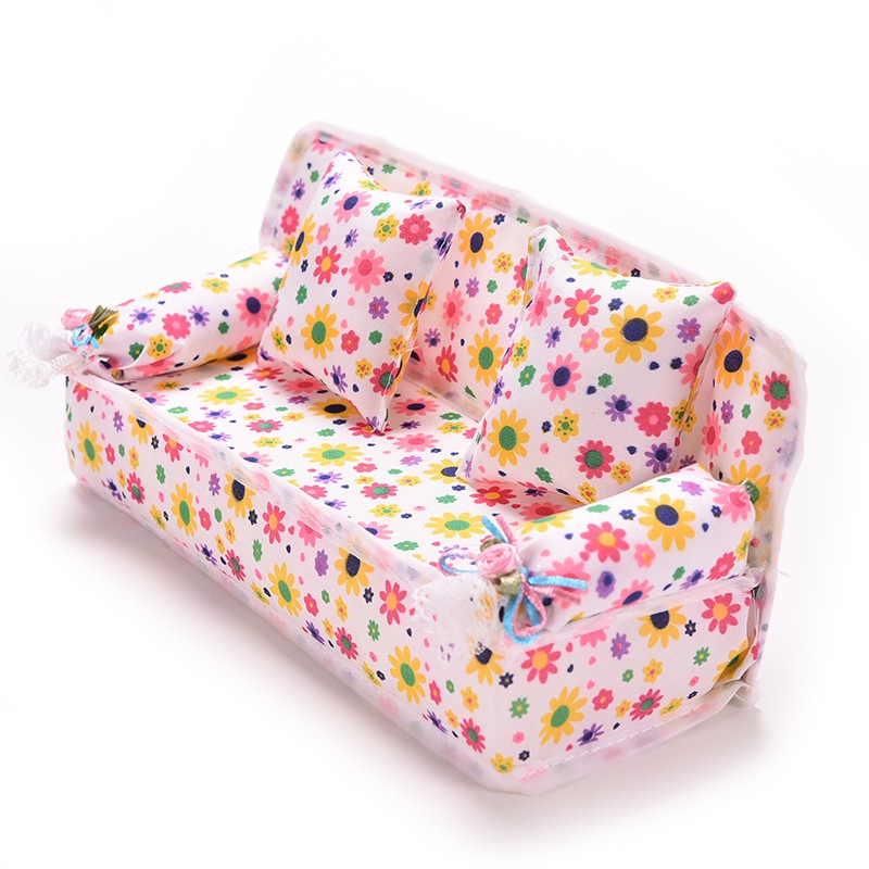 Sofa cho búp bê barbie kèm 2 gối in hoa xinh xắn dùng trang trí nhà búp bê ANDATOY AD934