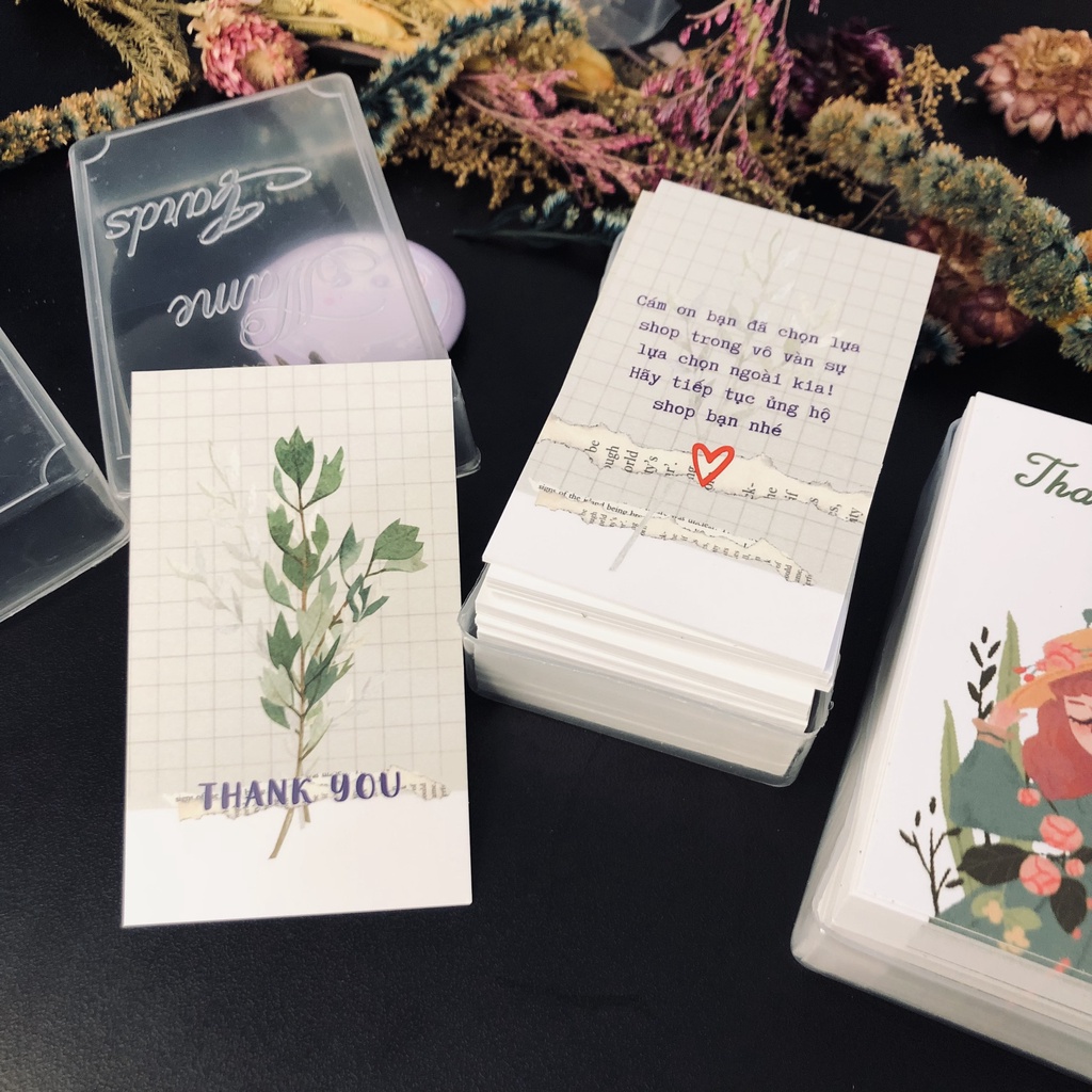 Hộp nhựa 100 thiệp cảm ơn, card cảm ơn, thank you card mẫu 45, 46 hình dễ thương dùng để tặng khách hàng