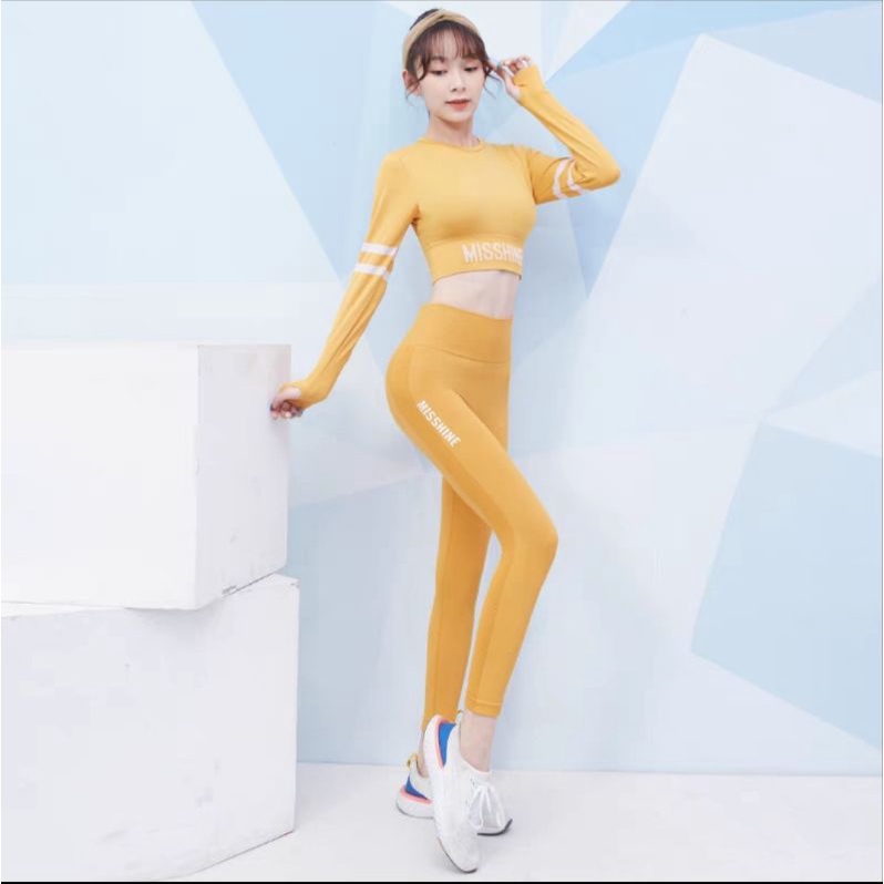 Đồ tập gym nữ MISSSHINE, Quần lửng Áo croptop tay dài, chất dệt kim hàng cao cấp