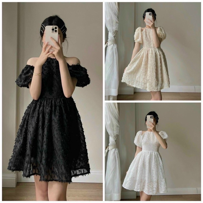 ĐẦM REN LÔNG CỔ YẾM CUT VAI TAY BỒNG