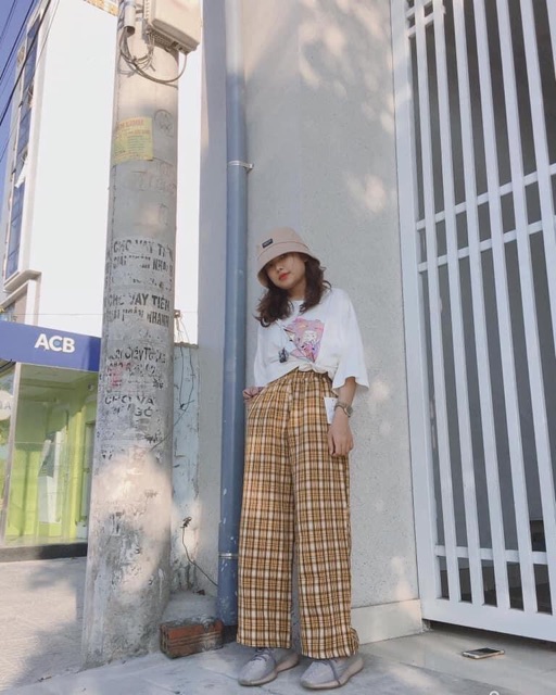[SIÊU Hot]Quần Culottes Cúc - Cul xuông dáng thụng kẻ ô lưng cao TRENDY