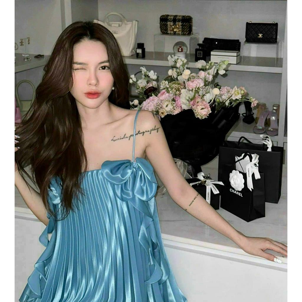 Đầm 2 dây lụa bóng dập ly phối nơ dáng babydoll phối bèo tầng 4 màu y hình siêu xinh