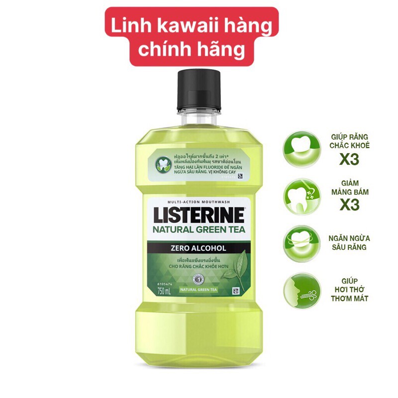 Nước súc miệng ngừa sâu răng vị trà xanh không cay Listerine Natural Green Tea 750ml