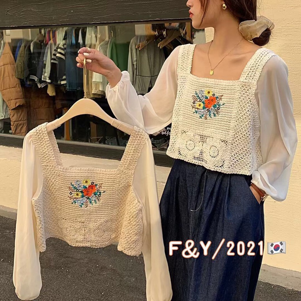 Áo nữ SUXI tay dài cổ vuông họa tiết hoa thời trang quyến rũ