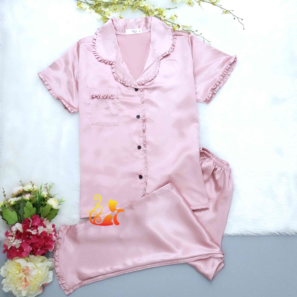 Đồ Bộ Mặc Nhà Pijama Phi Lụa " Viền Bèo " Quần Dài Cao Cấp - Dưới 60kg.