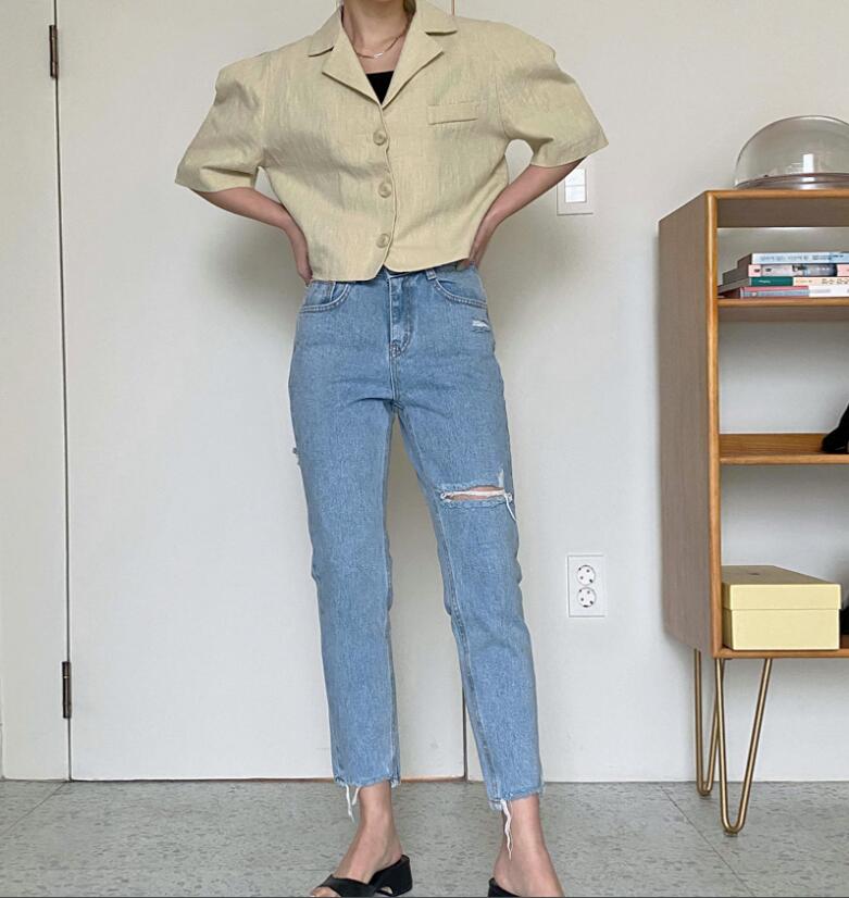 Áo khoác blazer SUXI tay ngắn dáng rộng màu trơn phong cách Hàn Quốc