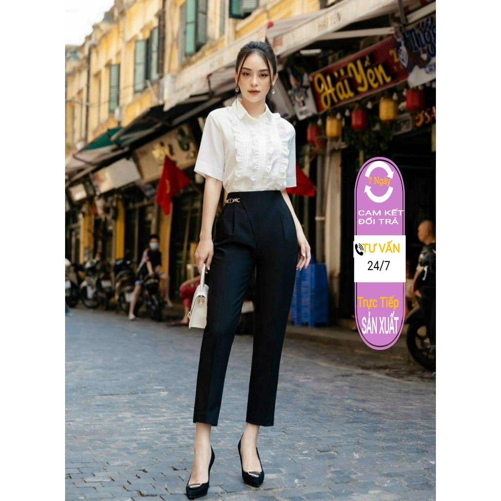 Quần tây công sở nữ mặc đi làm học cạp lưng cao - Dáng quần baggy vải công sở dày mềm phối áo sơ mi