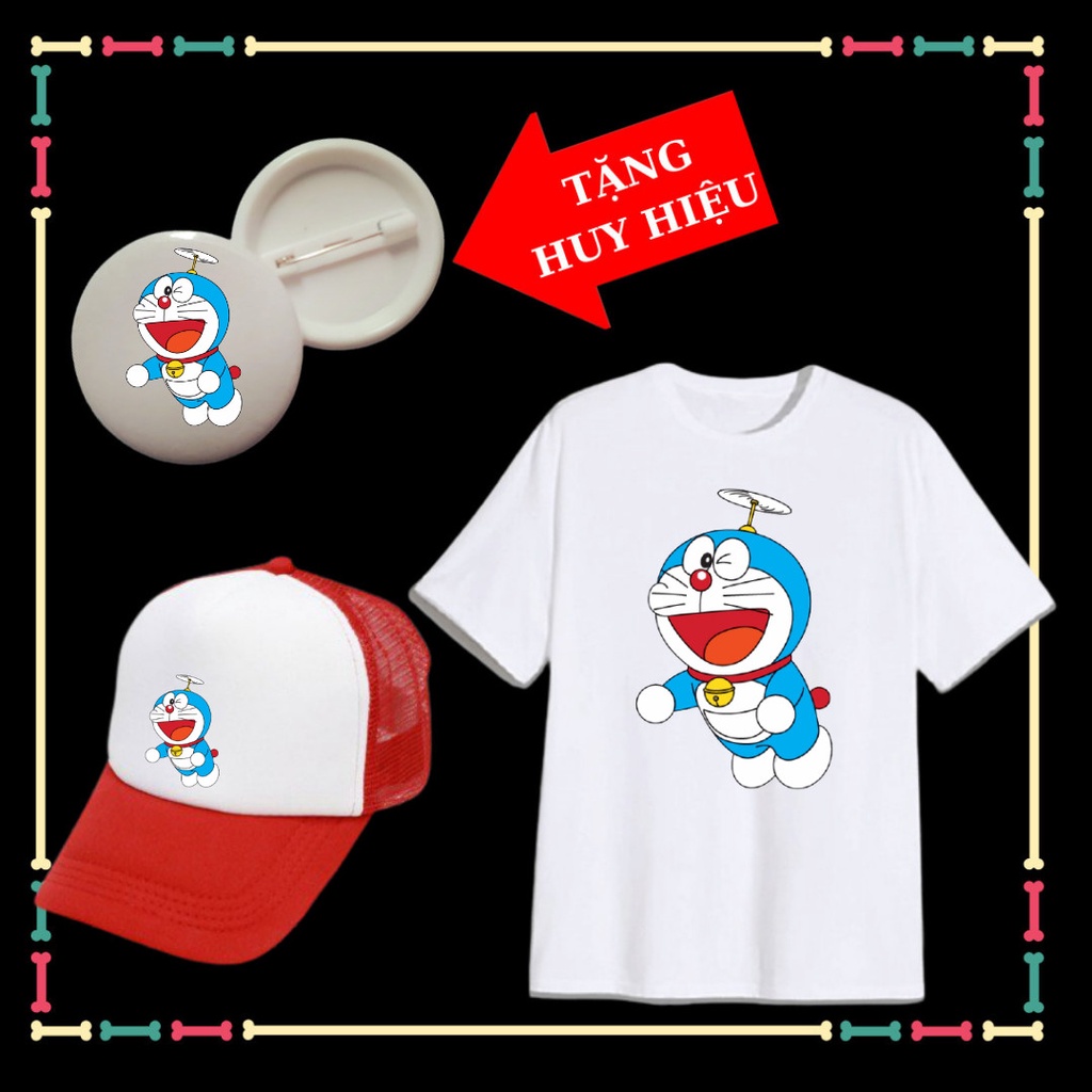 Combo Mũ Áo Doremon cho trẻ em vui nhộn vải co giãn 4 chiều Tặng HUY HIỆU in hình Doremon